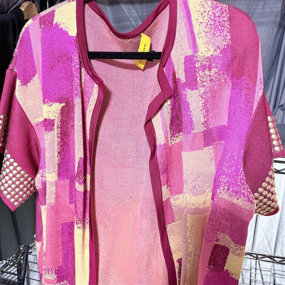 St. John Cardigan Sweater Womens XL Pink Purple Geometric Open Front 3/4